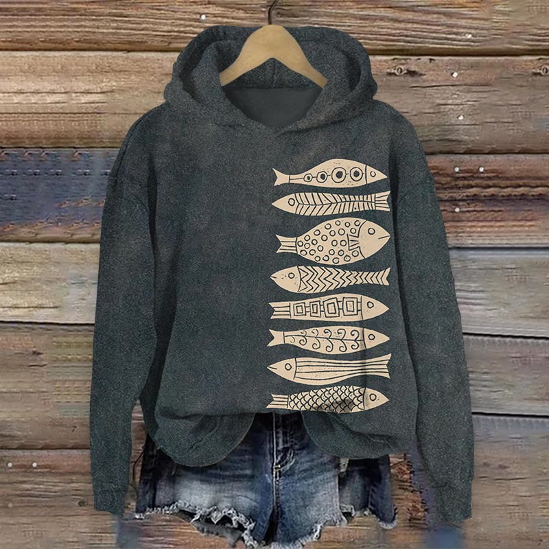 Fish Japanese Lino Art Print Casual Long Sleeve Hoodie