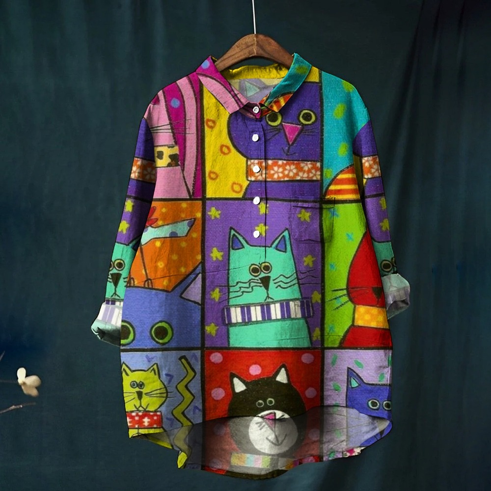 Women's Cartooon Cat Print Casual Cotton And Linen Shirt