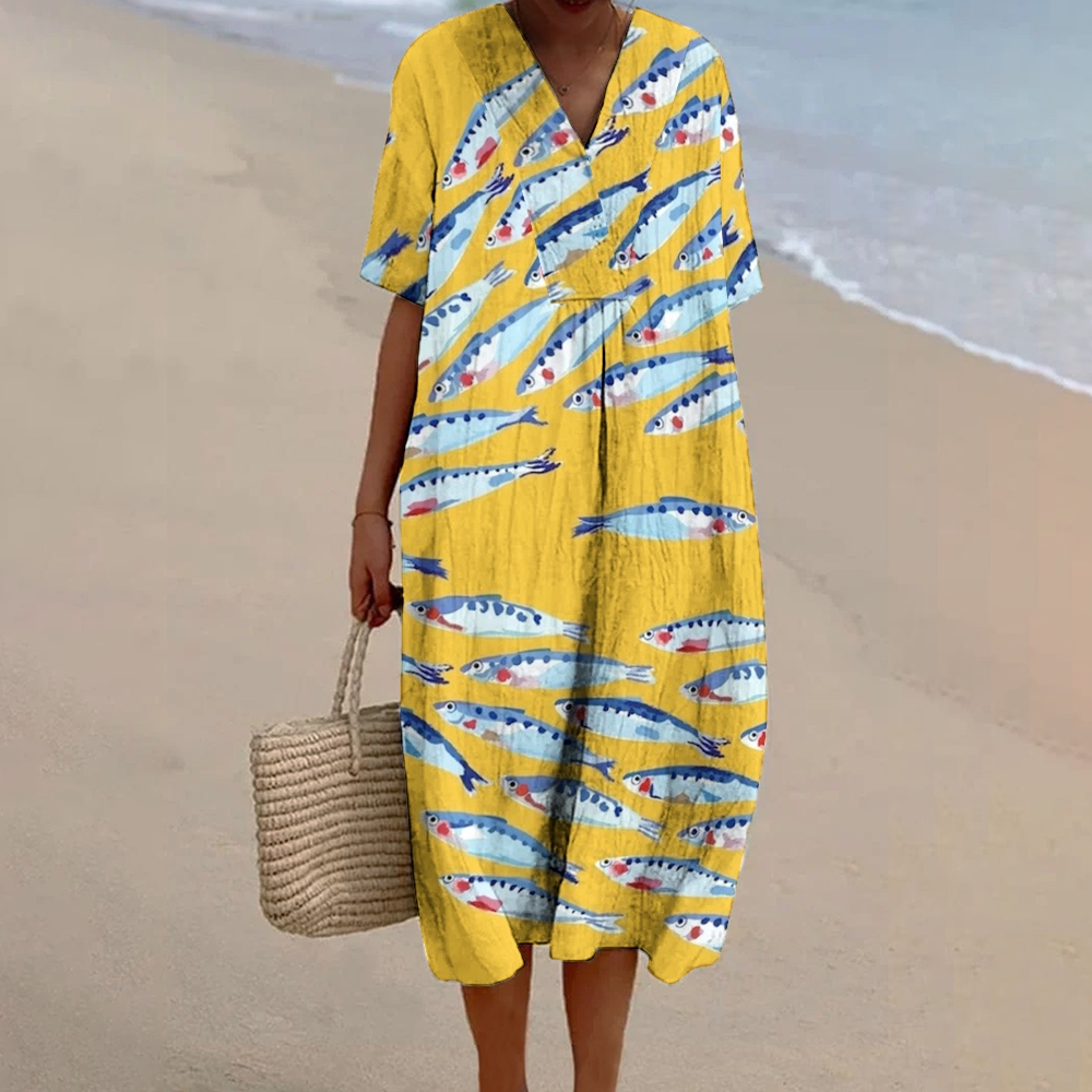 Women's Sardine Print Flowy   Dress