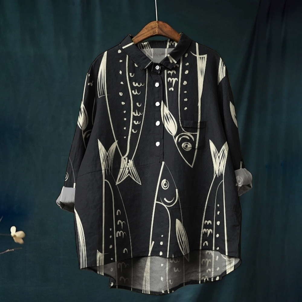 Women's Fish Print Casual Cotton And Linen Shirt