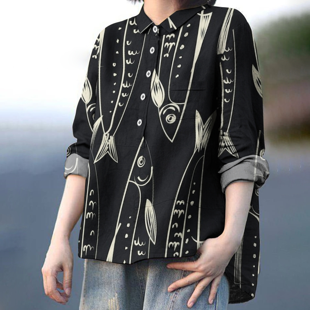 Women's Fish Print Casual Cotton And Linen Shirt