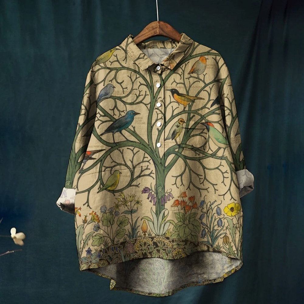 Women's Vintage Flower And Bird Print Casual Shirt