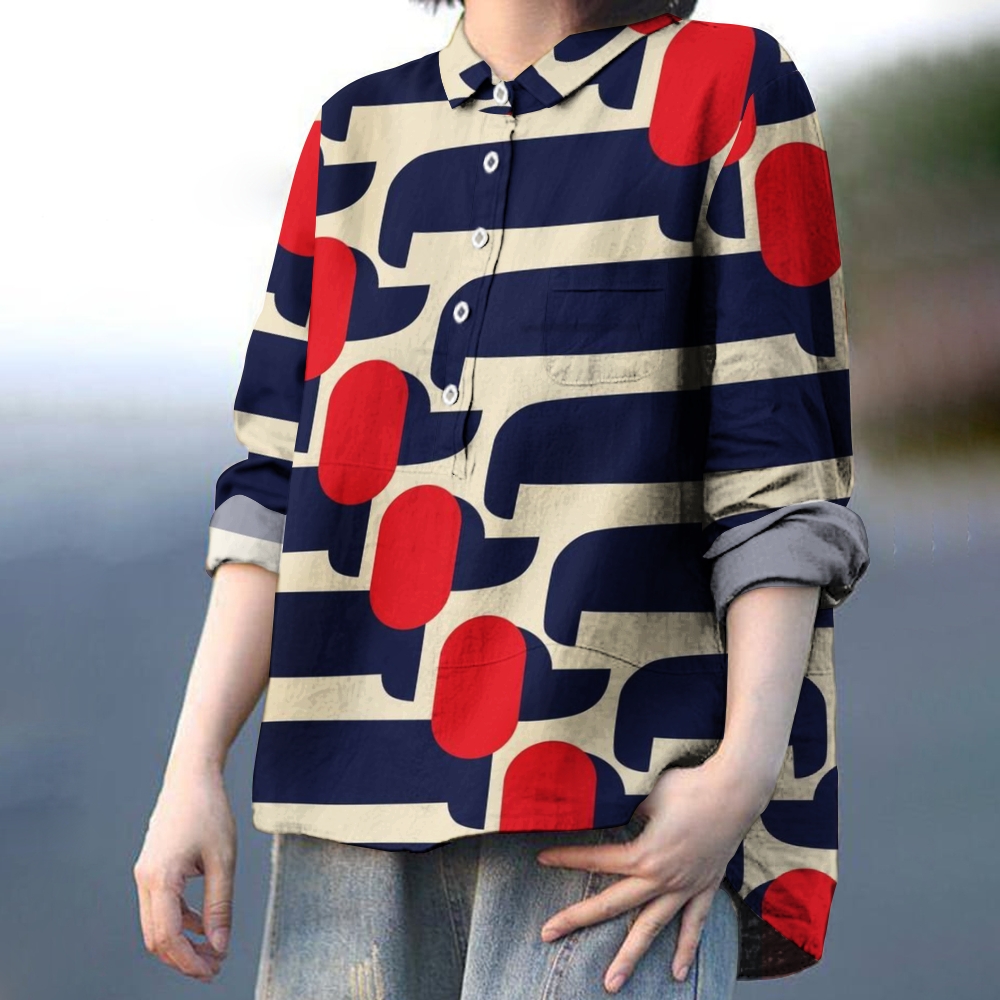 Women's Abstract Print Casual Cotton And Linen Shirt