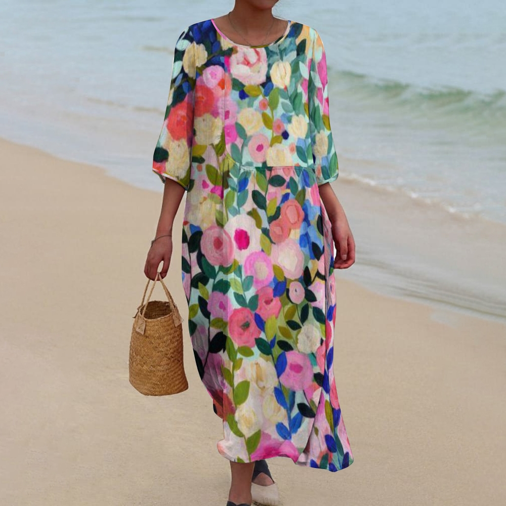 Women's Flower Printed Cotton And Linen Maxi Dress