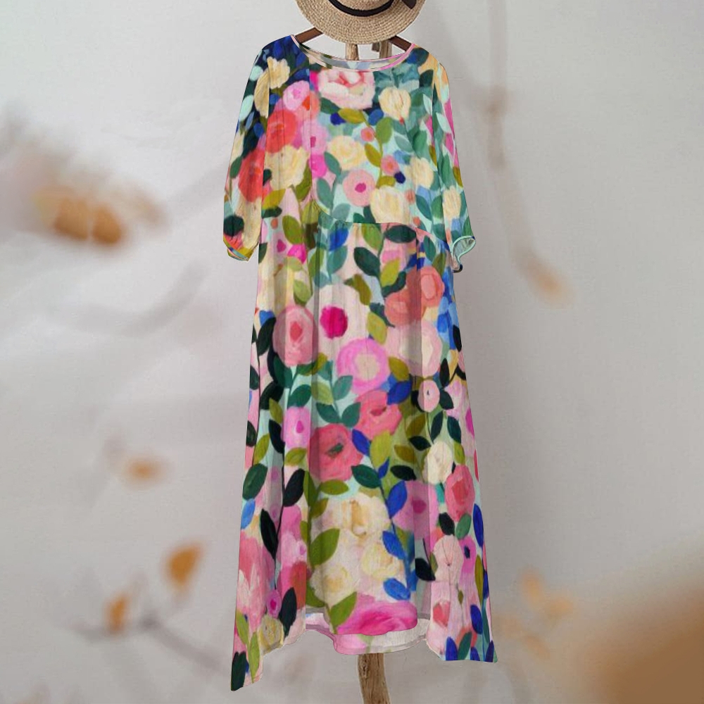 Women's Flower Printed Cotton And Linen Maxi Dress