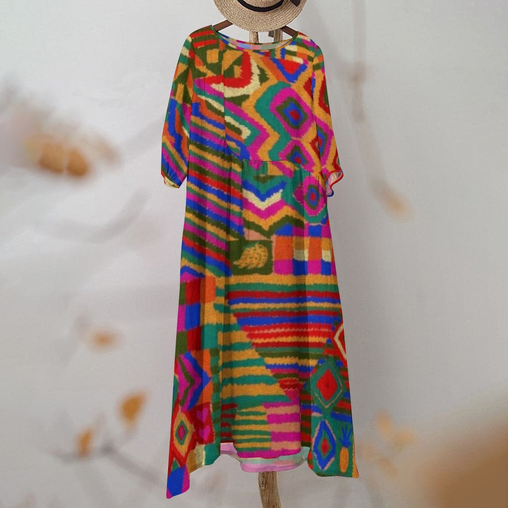 Women's Abstract Printed Cotton And Linen Maxi Dress