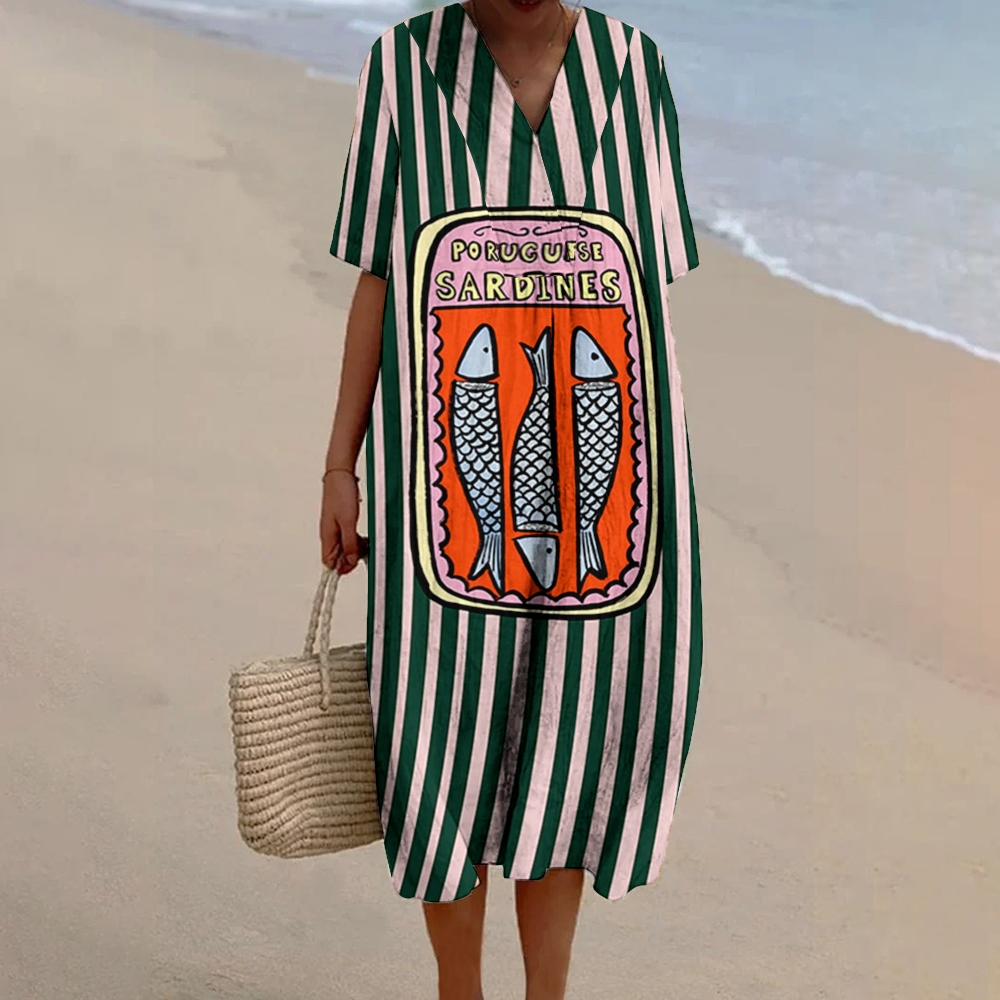 Women's Fish Print Flowy Linen Dress