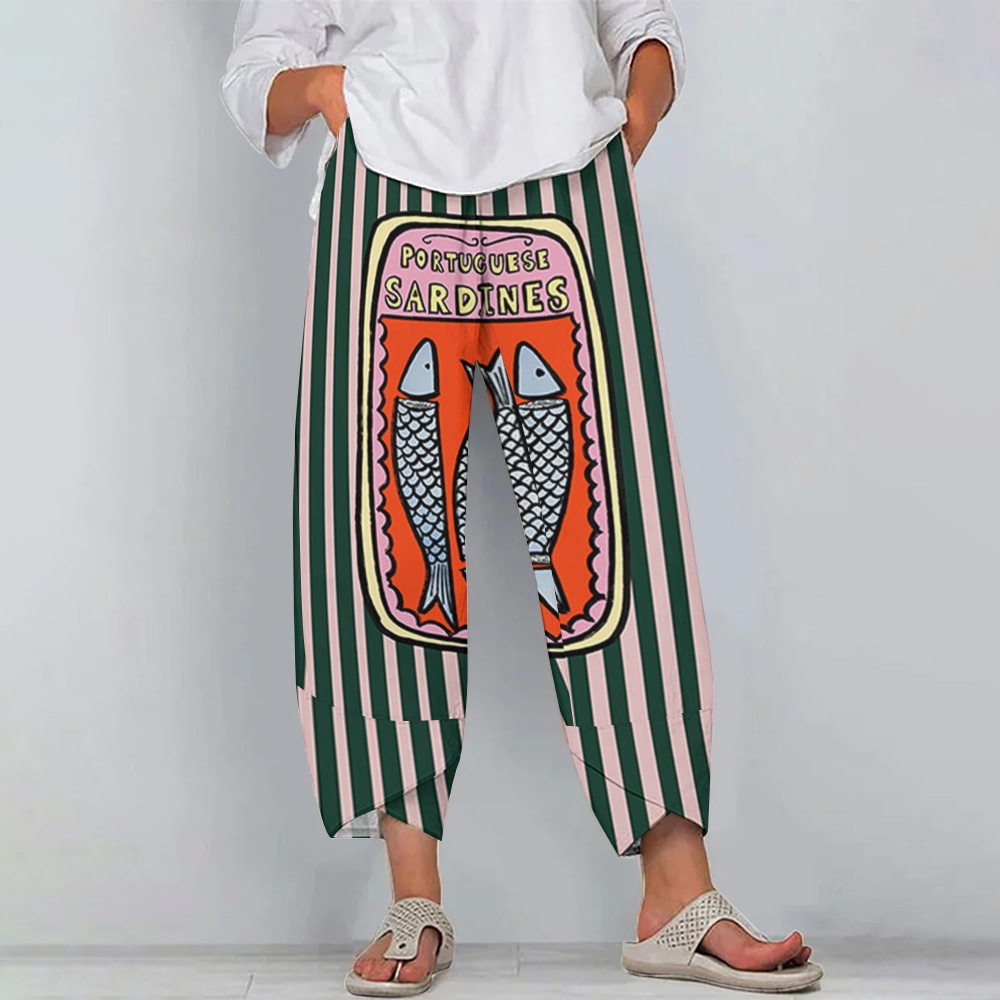Women's Casual Fish Printed Cotton And Linen Pants