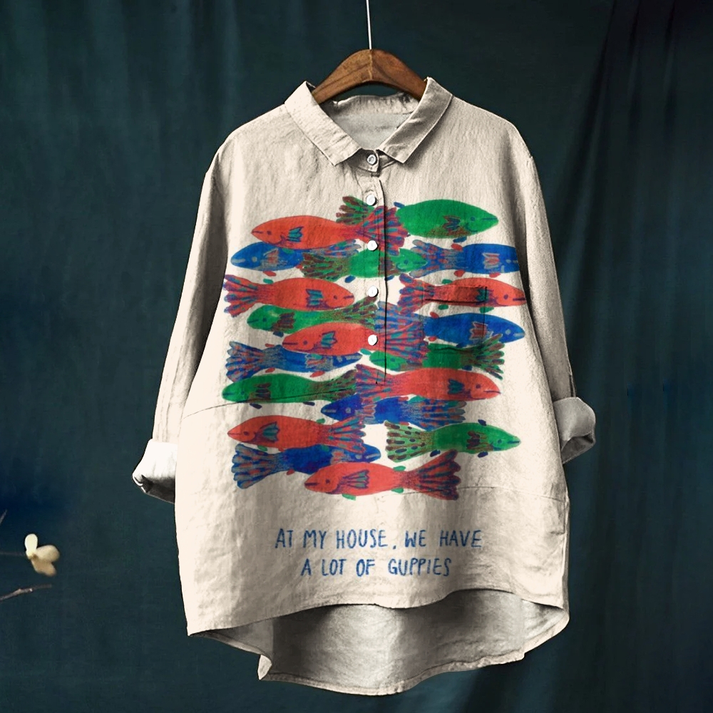 Women's FIsh Print Casual Cotton And Linen Shirt