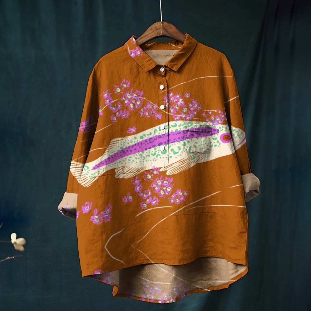 Women's FIsh Print Casual Cotton And Linen Shirt
