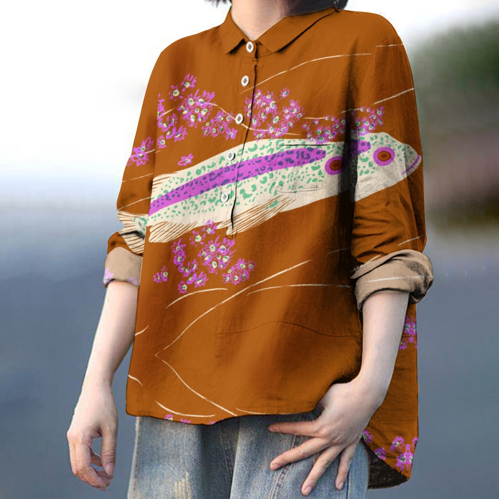Women's FIsh Print Casual Cotton And Linen Shirt