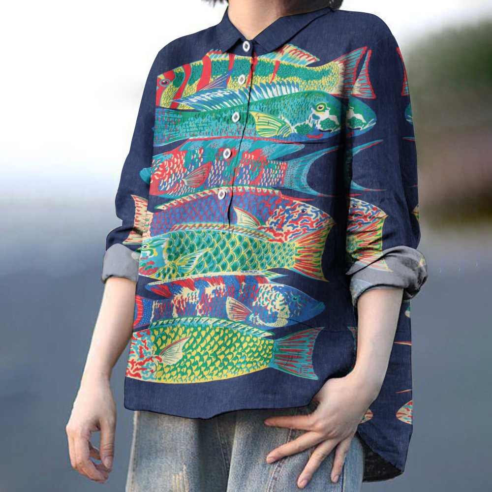 Women's FIsh Print Casual Cotton And Linen Shirt