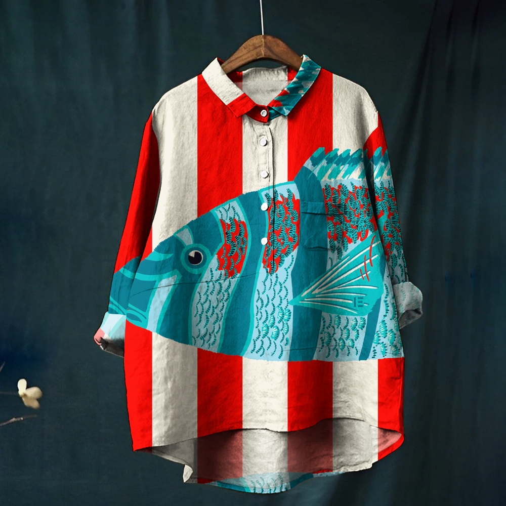 Women's FIsh Print Casual Cotton And Linen Shirt