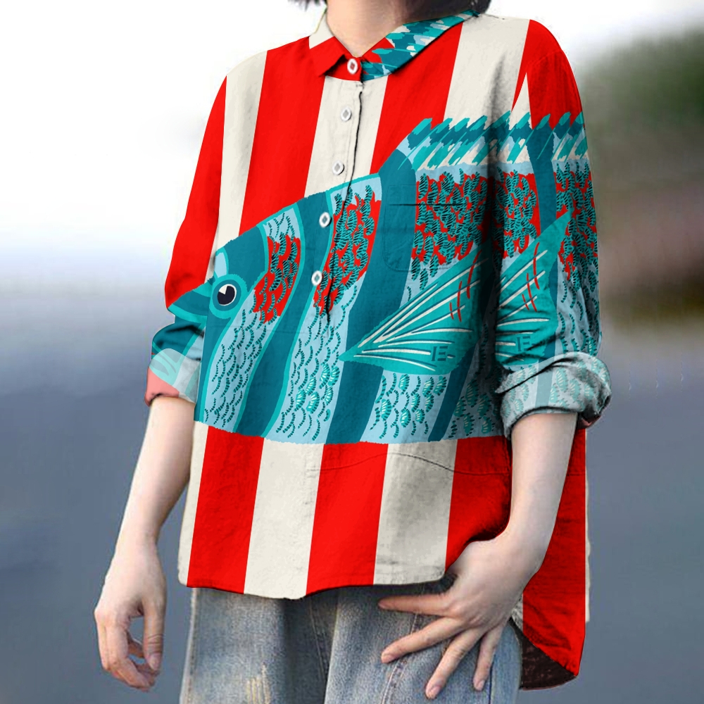 Women's FIsh Print Casual Cotton And Linen Shirt
