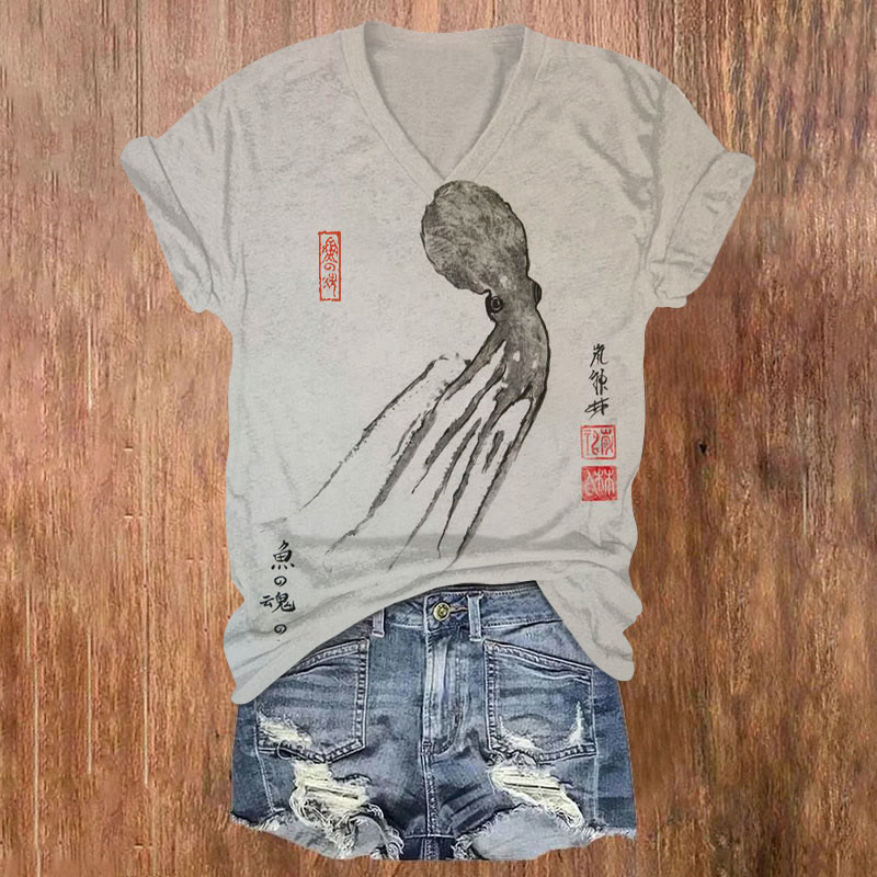 Japanese Style Ink Octopus Vintage Seal Print V-neck T-shirt