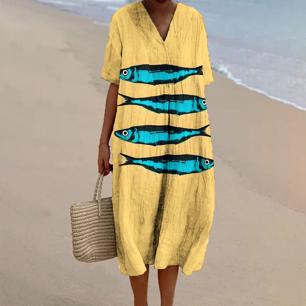 Women's Sardine Print Flowy   Dress