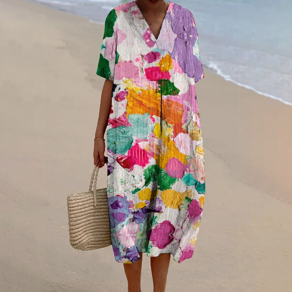 Oil Painting Abstract Floral Garden Printed Women's Flowy Dress