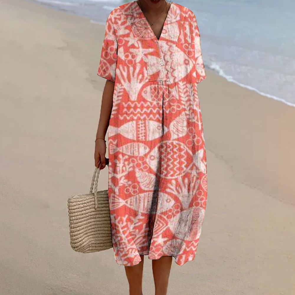 Women's Vintage Lovely Fish Art Print Flowy Dress
