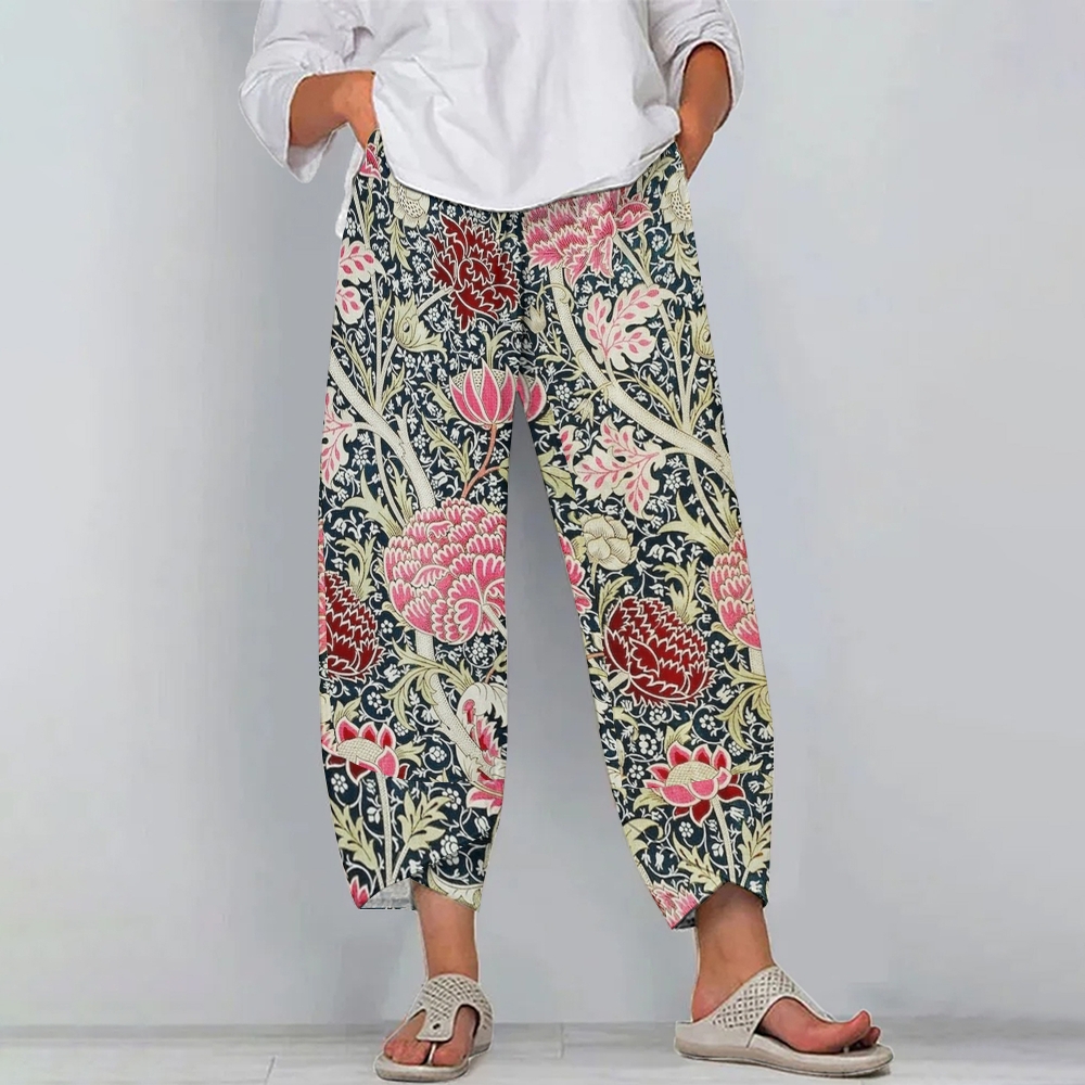 Women's Casual Vintage Art Flower Printed Cotton And Linen Pants