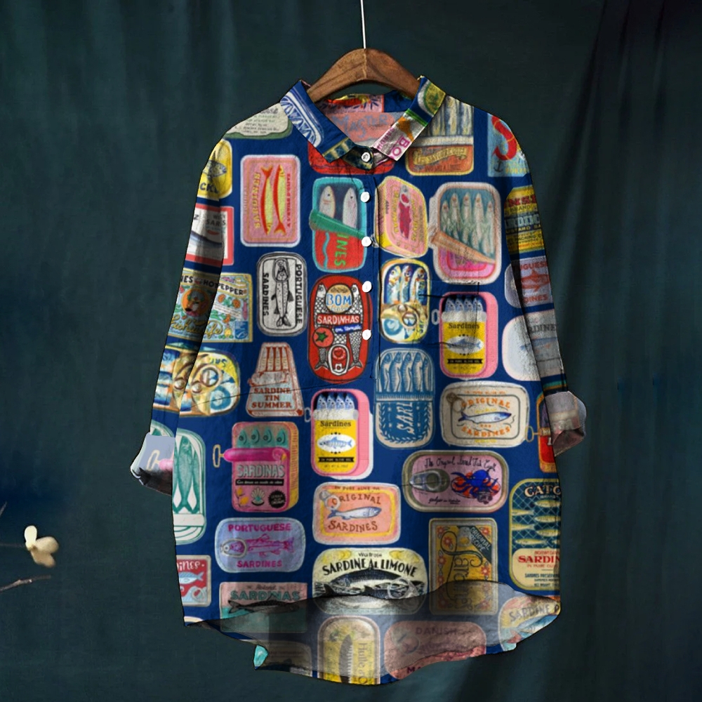 Women's Blue Canned Fish Print Casual Shirt