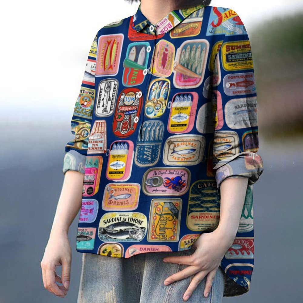 Women's Blue Canned Fish Print Casual Shirt
