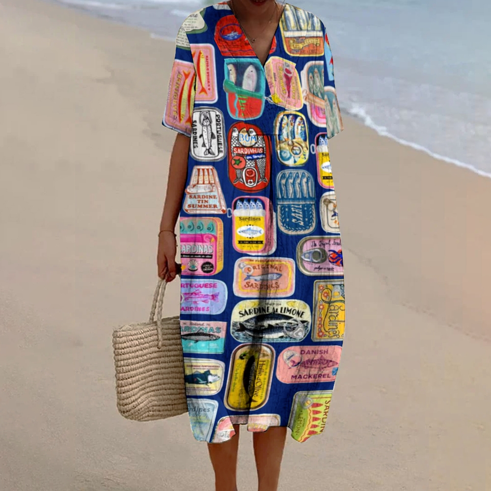 Women's Blue Canned Fish Print Flowy Dress