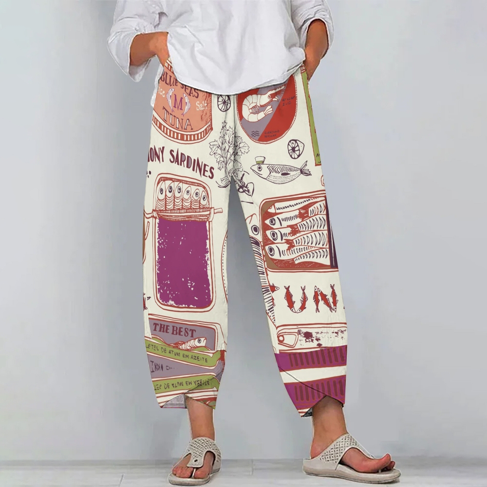 Women's Casual Printed Cotton And Linen Pants 2408001907