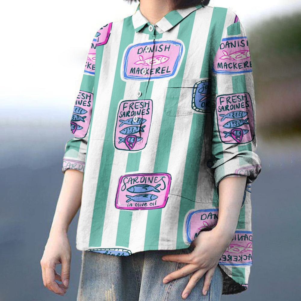 Women's Canned Sardines Print Casual Cotton And Linen Shirt
