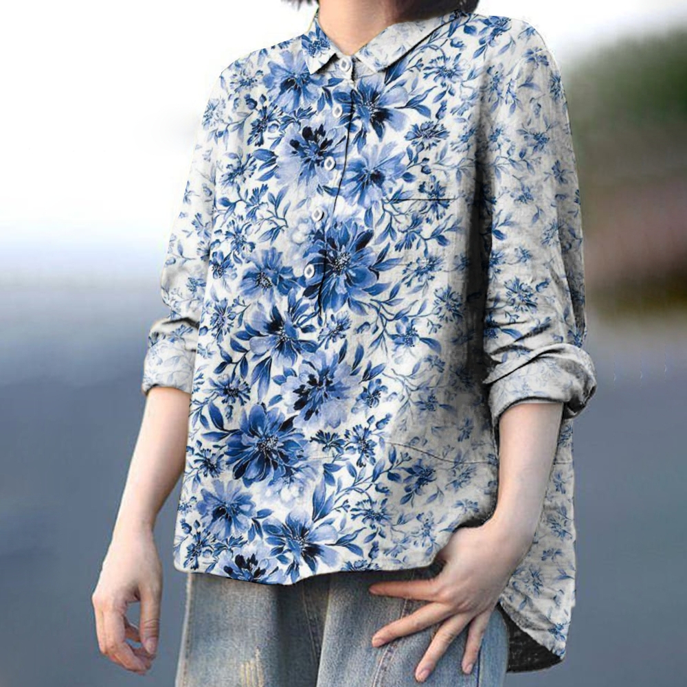 Women's Vintage Print Casual Cotton And Linen Shirt