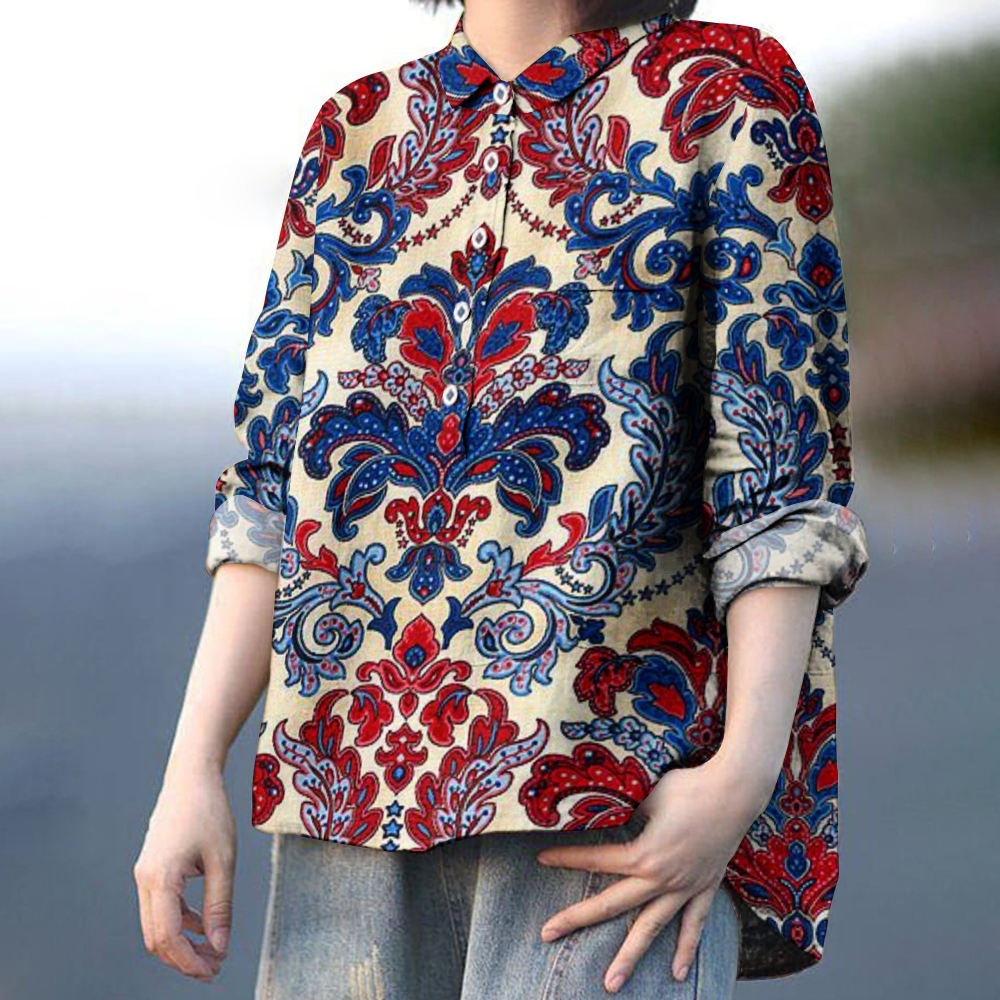 Women's Vintage Print Casual Cotton And Linen Shirt