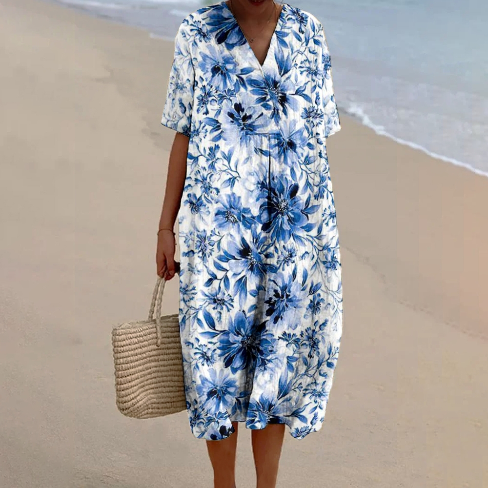 Women's Vintage Print Flowy Linen Dress