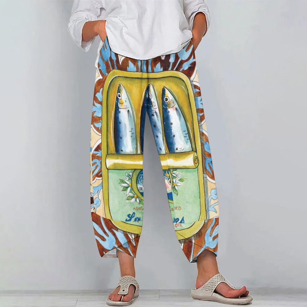 Women's Casual Vintage Sardines Printed   Pants