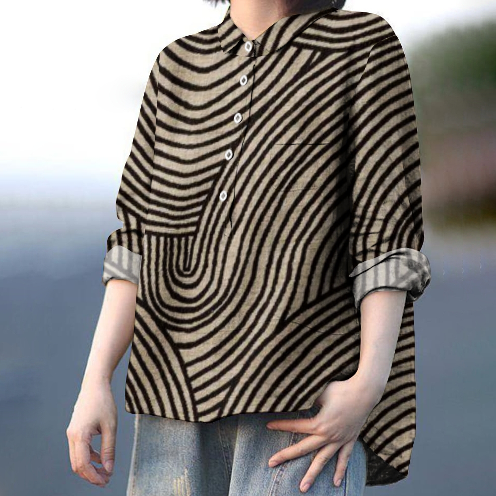 Women's Circular Line Pattern Print Casual Cotton And Linen Shirt