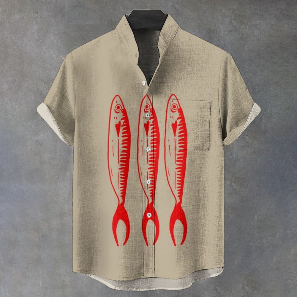 Men's Stand Collar Art Fish Printed Short Sleeve Shirt