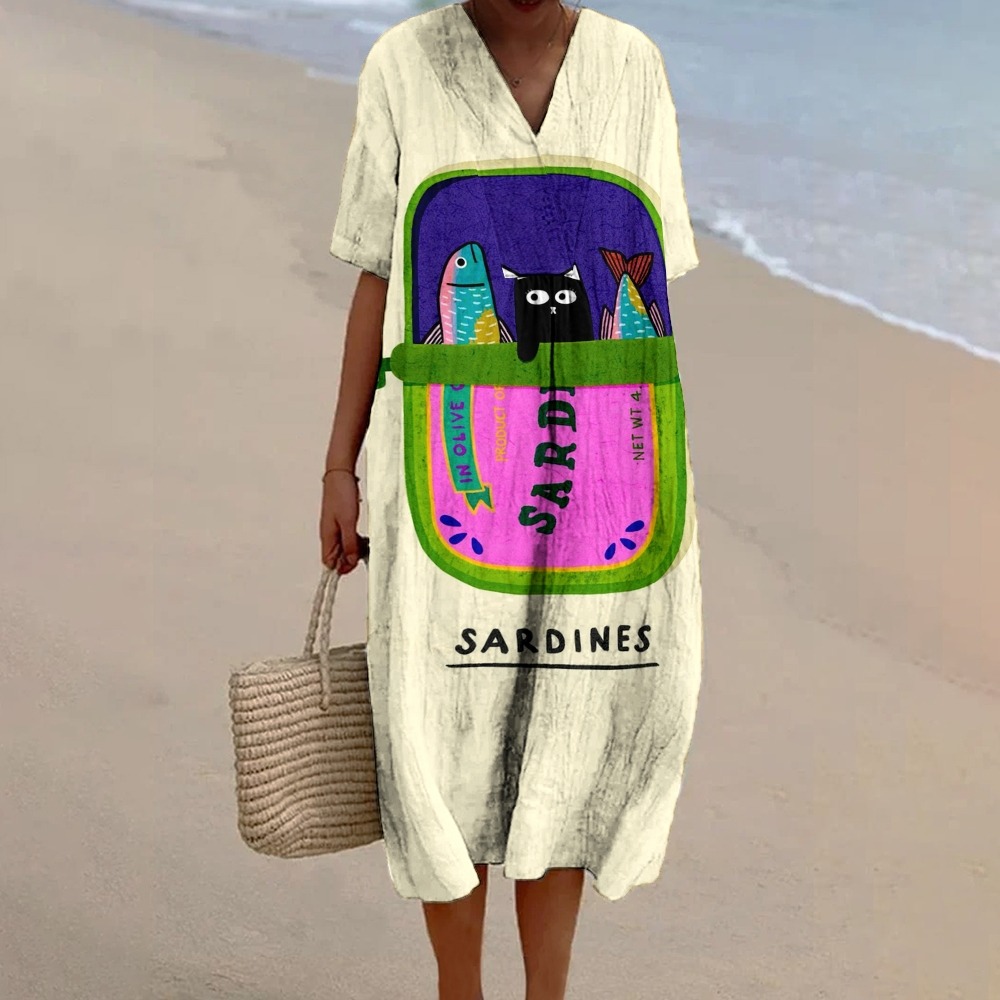 Women's Sardines Print Casual Cotton And Linen Shirt