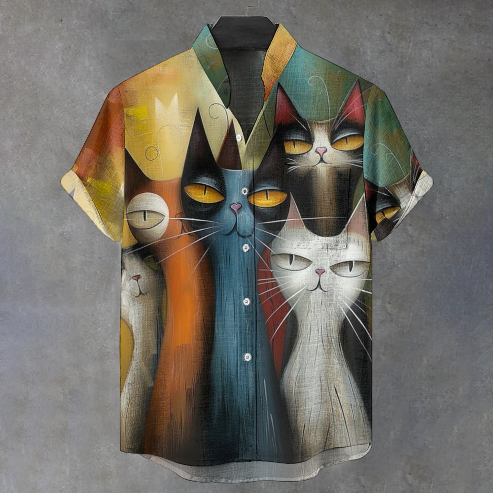 Men's Stand Collar Cat Art Printed Short Sleeve Shirt