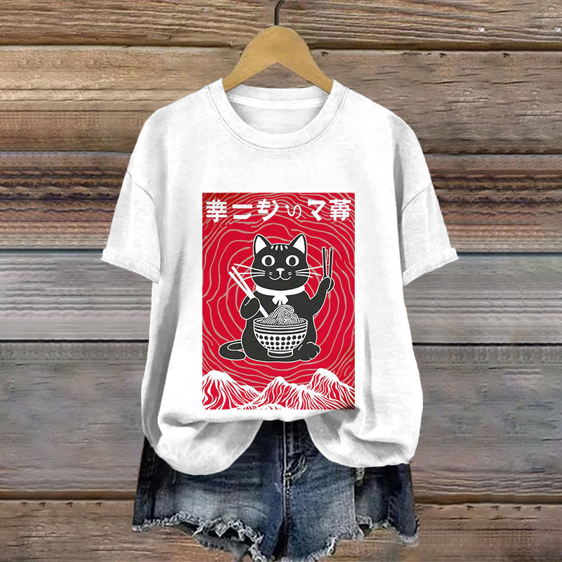 Cotton Retro Japanese Ramen And Cat Print T-shirt