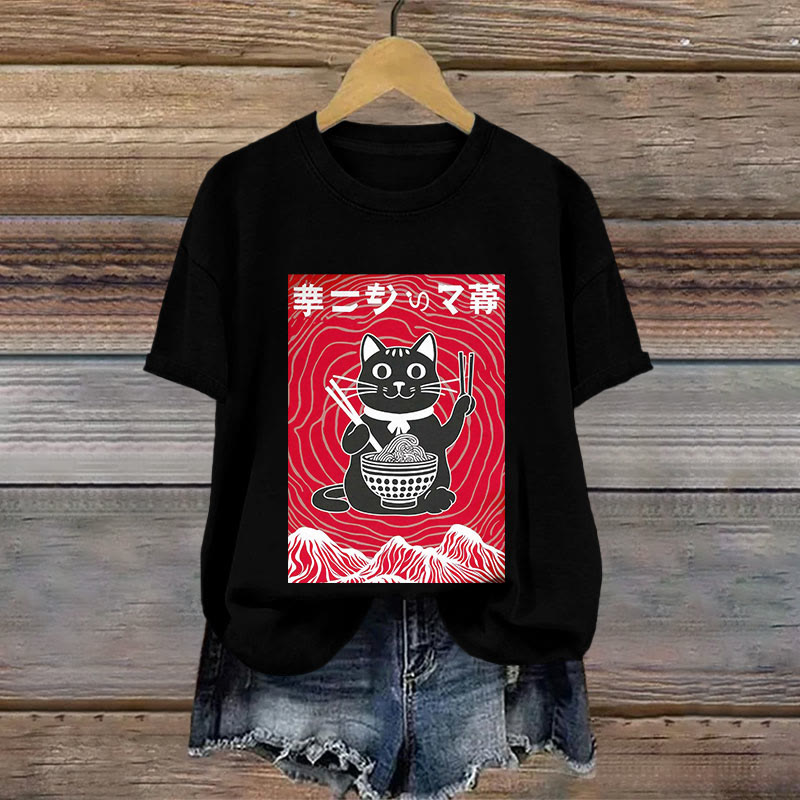 Cotton Retro Japanese Ramen And Cat Print T-shirt