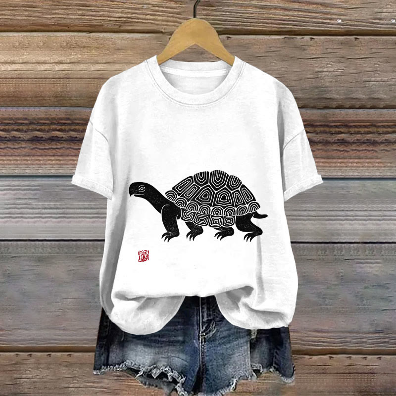 Cotton Simple Japanese Linocut Turtle Art Print T-shirt