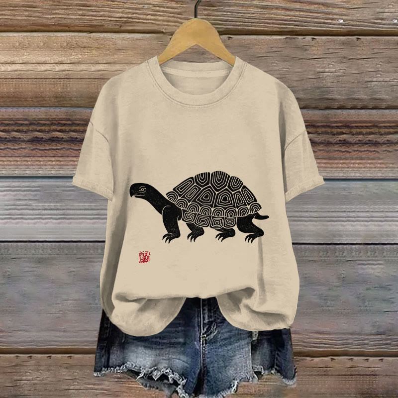 Cotton Simple Japanese Linocut Turtle Art Print T-shirt