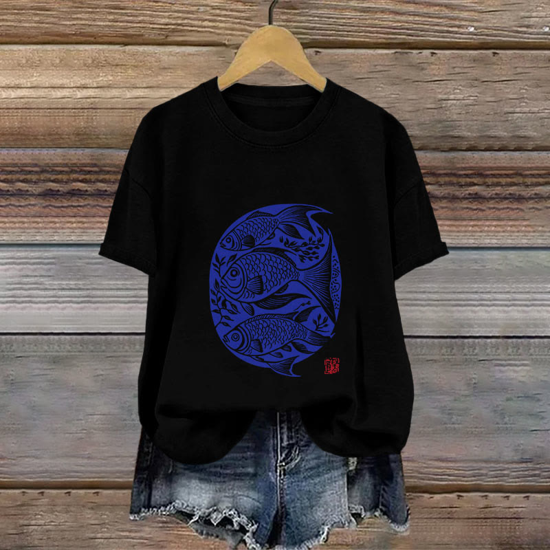 Dashingsoul Cotton Japanese Linocut Fish Art Print T-shirt
