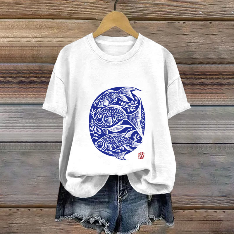 Dashingsoul Cotton Japanese Linocut Fish Art Print T-shirt
