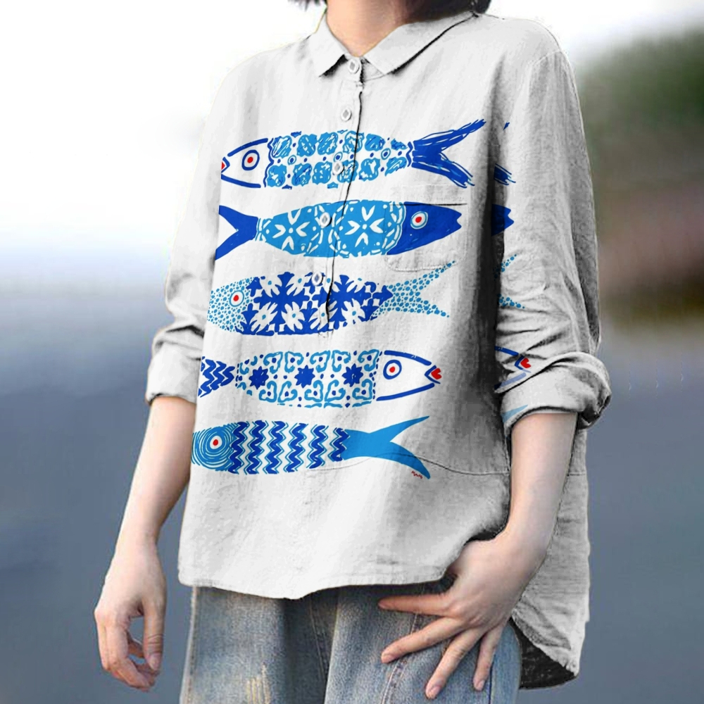 Women's Blue Fish Print Casual Shirt