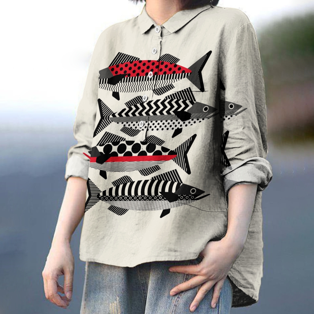 Women's Retro Fish Print Casual Shirt