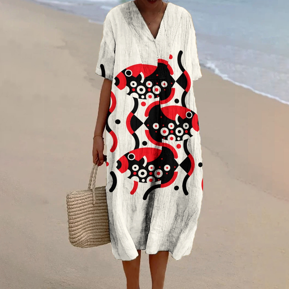 Women's Retro Fish Art Print Flowy Dress