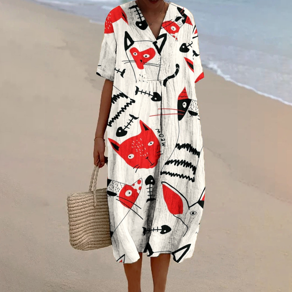 Women's Red Cat Print Flowy Dress