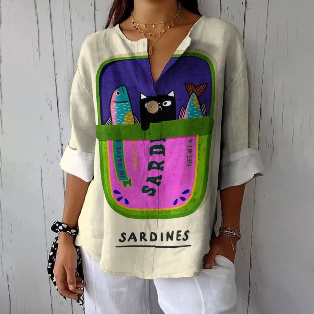 Women's Sardines Print Casual Cotton And Linen Shirt