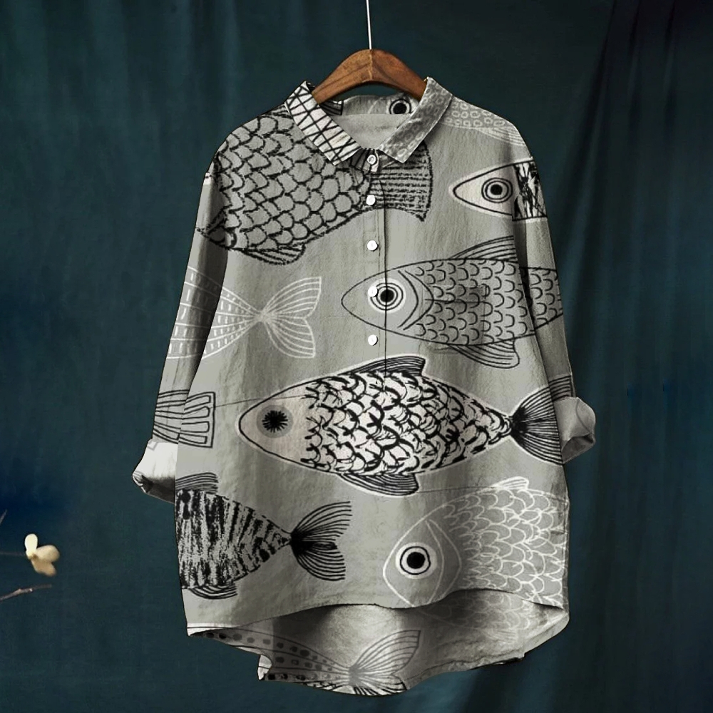 Women's Retro Line Fish Print Casual   Shirt