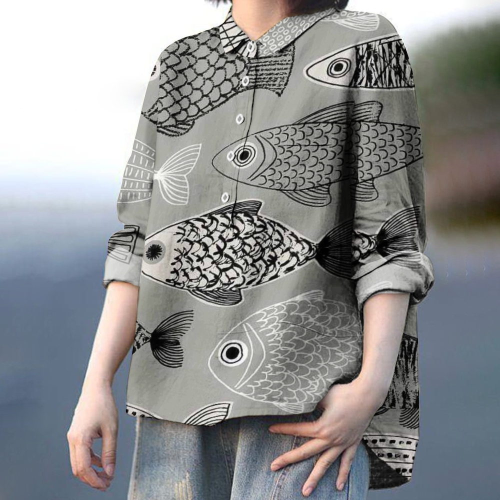 Women's Retro Line Fish Print Casual   Shirt