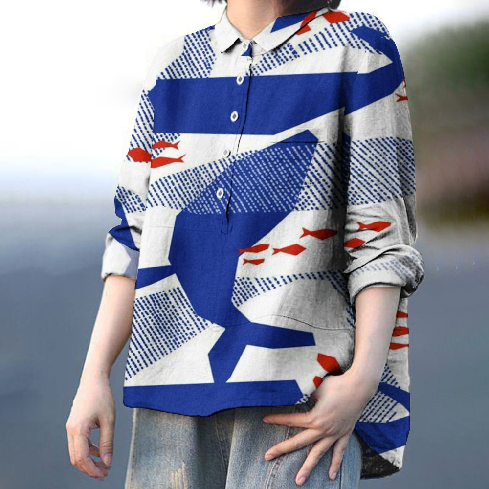 Women's Ocean Fish Print Casual Cotton And Linen Shirt